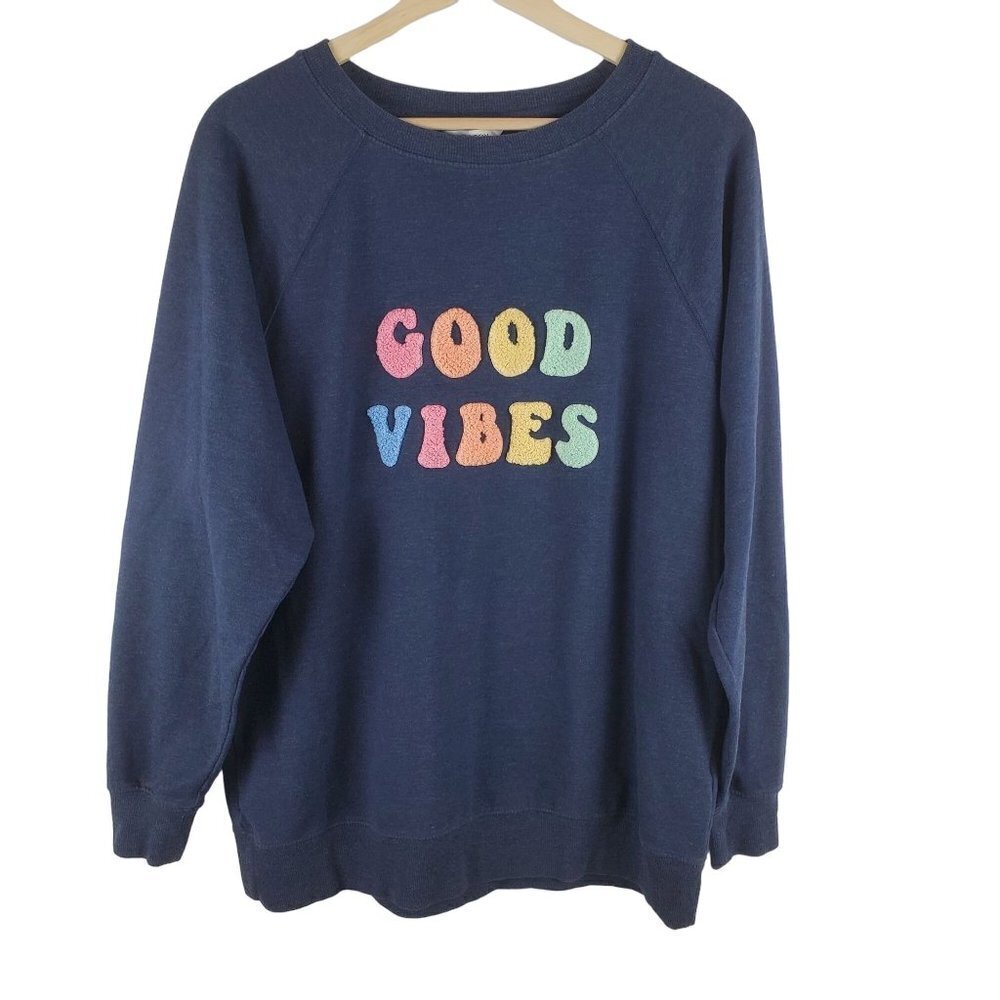 Wildfox Sweatshirt Womens Small Good Vibes Needlework Navy Blue Crew Oversized